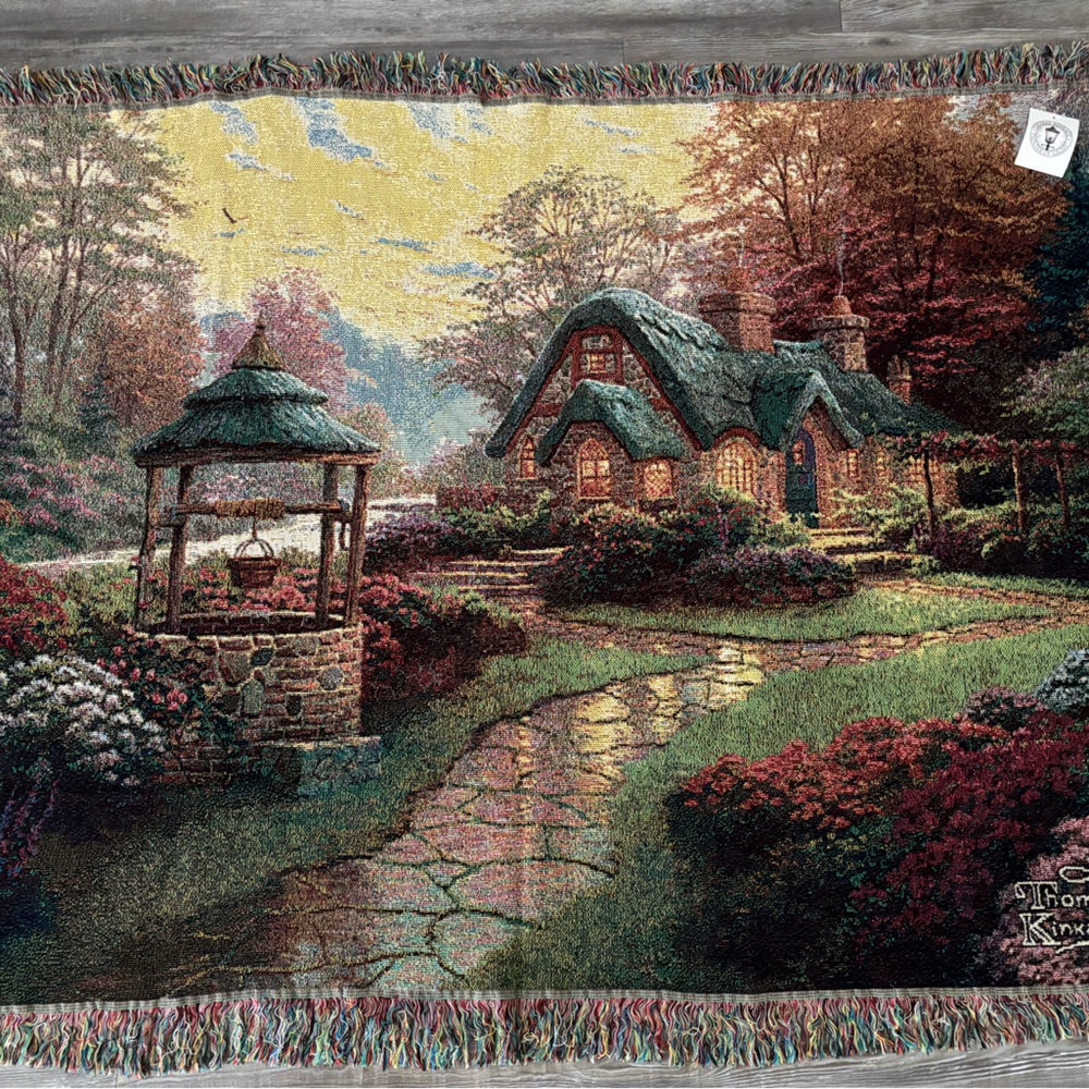 Thomas Kinkade Make A Wish Cottage Tapestry  Throw Blanket Fringe 45x60 NWT